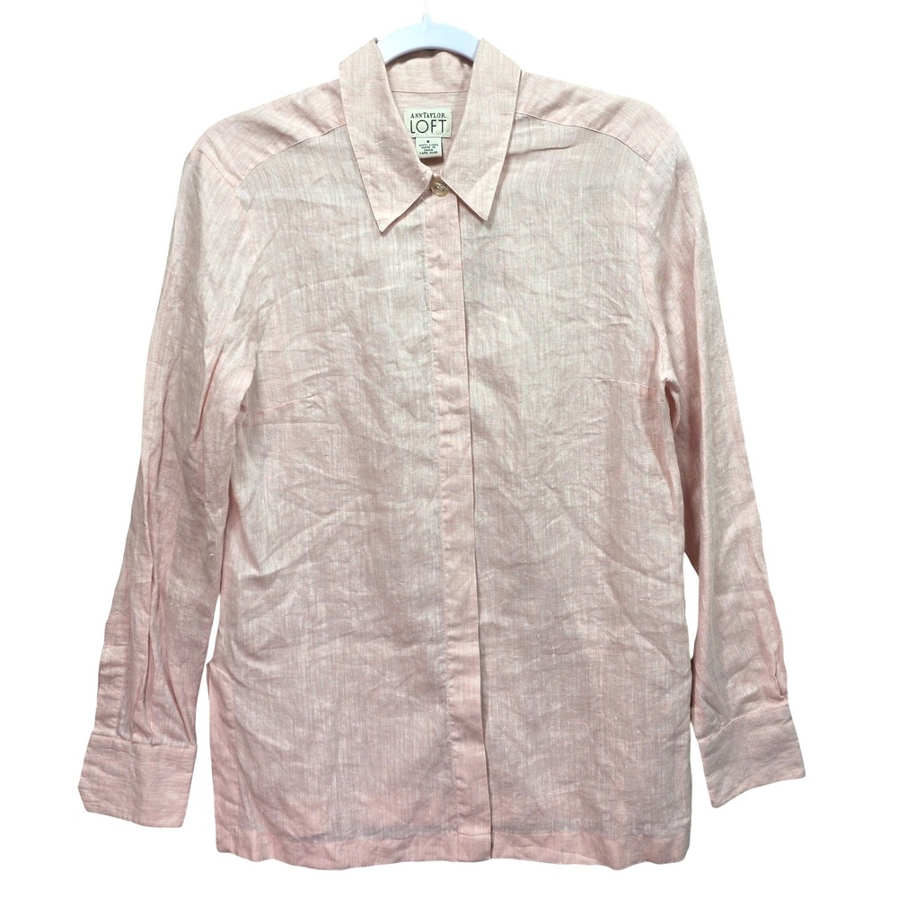 Ann Taylor Loft All Linen Hidden Button Down Shirt Womens Sz 6 Long Sleeve Pink